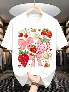 1 pieza de camiseta casual de verano para mujer con estampado de lazo de fresa y flores, con diseño de corazón y margarita. Es una camiseta perfecta para regalar a amigos y familiares en cualquier día festivo u ocasión especial, 220g180g 100% algodón. - Negro - Ver 9