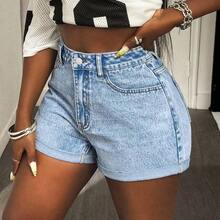 Plus Size Women Blue High Waist Casual Summer Denim Super-Short Shorts - Lavado ligero - Ver 7
