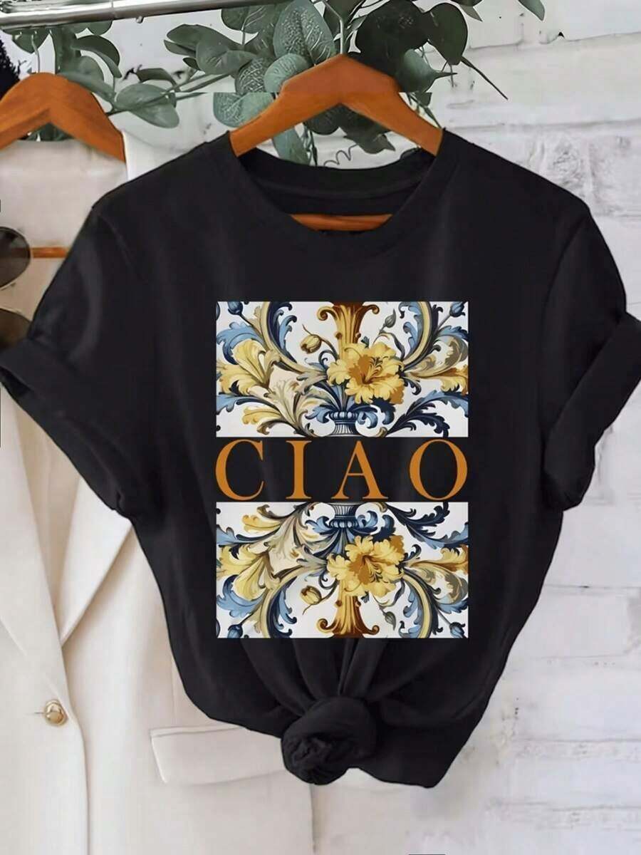Blusa de manga corta con cuello redondo y estampado floral CIAO para mujer - Suave y transpirable para primavera y verano con motivos florales, lavable a máquina, atuendo casual adecuado para conjuntos de primavera y verano. - Negro - Ver 1