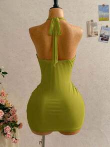 Vestido mini casual de vacaciones para mujer con escote en V profundo, cuello halter con lazo, y drapeado.Adecuado para la playa, cruceros y festivales de música en verano - Verde - Ver 2