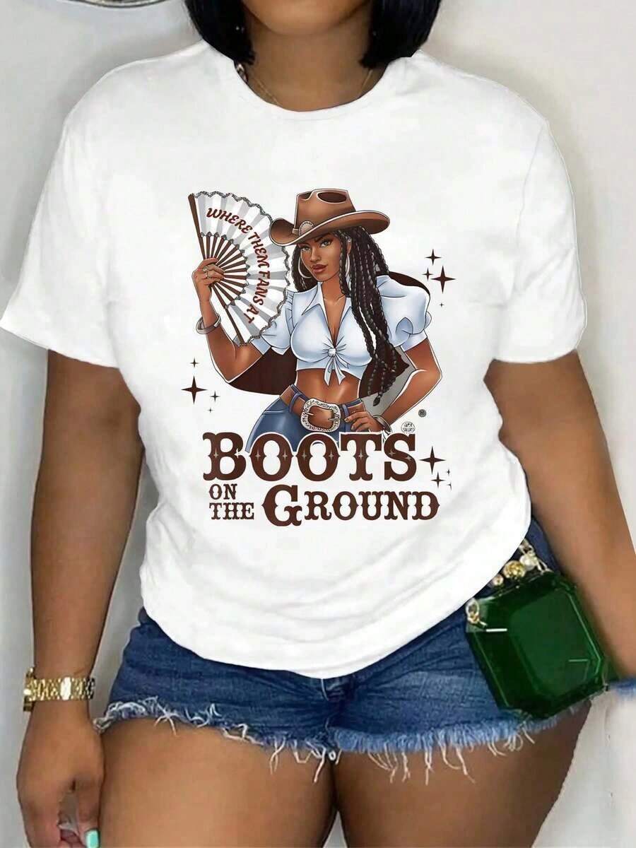 1 pieza de camiseta retro occidental para mujer con diseño gráfico "Botas en el suelo", diseño de botas y sombrero de vaquero, con estampado vibrante, manga corta informal, ideal para viajes, top de moda para festivales, cómoda camiseta de manga corta con cuello redondo para uso casual y eventos temáticos o como regalo. 180g 100% algodón, todos los diseños están impresos. Unisexo. - Blanco - Ver 1