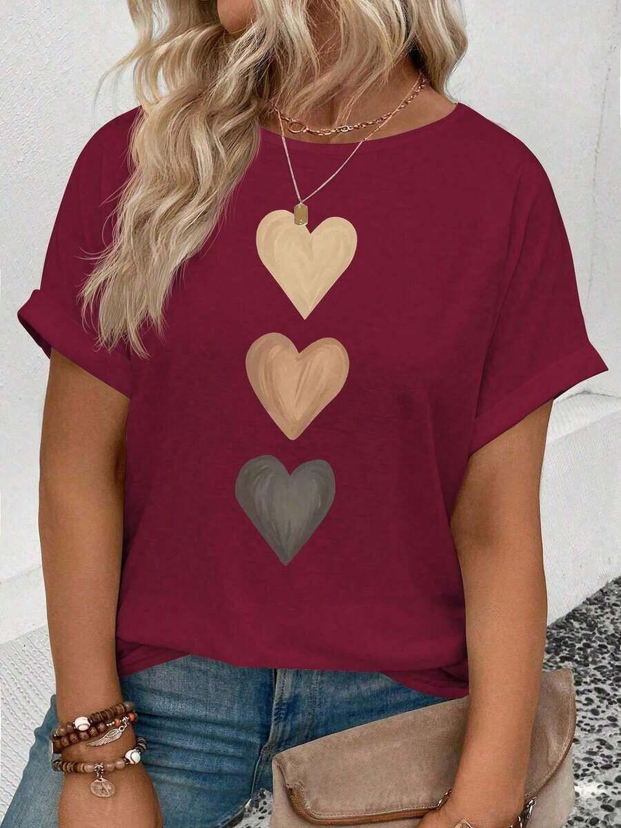 Plus Size Women's Spring/Summer Casual T-Shirt With Round Neck, Short Sleeves, Ribbed Cuffs, And Gradient Heart Print. Y2K Style, Style, Newest 2026 Style, Cute Style, Casual Style. 180g (Sizes S-XXXL) - 紅色 - 查看 1