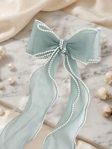 1pc Pearl Decor Bow Hair Clip, Elegant Women Hair Accessory For Wedding, Party, Beach, Daily Wear, Summer,Travel,Birthday, Claw Clips - Mint Green - View 3