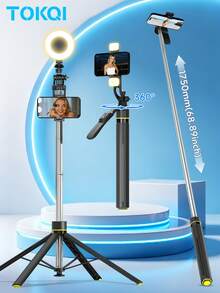 TOKQI 2026 New Retractable Selfie Stick With Tripod, 360° Rotating Phone Holder With Bluetooth Remote, Detachable Handheld Stabilizer With Fill Light, 3-In-1 Portable Stainless Steel Stabilizer Stand For Outdoor Vlogging, Travel, Video Shooting - View 2