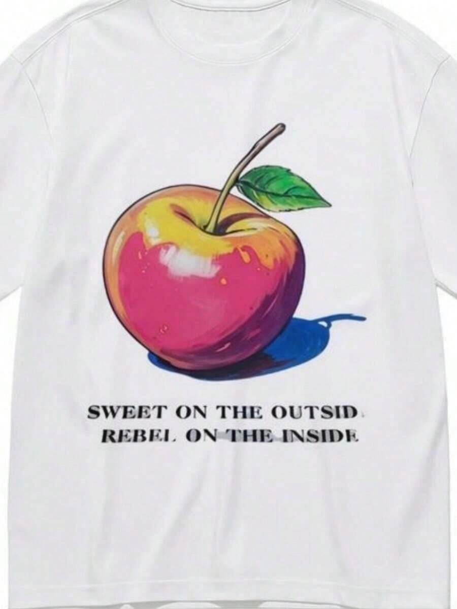 Women's Classic Breathable And Comfortable T-Shirt With Colorful Apple Graphic - Unisex Vintage Urban Style, Short Sleeve Crew Neck Cotton T-Shirt - 白色 2 - 查看 1