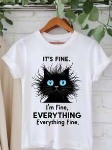 Camiseta de pelo corto británica divertida Sy "It's Fine I'm Fine" de las mujeres - camiseta de manga corta de uste relado de gran tamaño blanco con gao negro e impresión de texto sarcástico, cuello redondo suave para ropa y regalos informales - Blanco - Ver 2