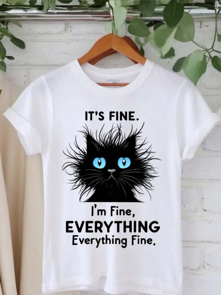 Camiseta de pelo corto británica divertida Sy "It's Fine I'm Fine" de las mujeres - camiseta de manga corta de uste relado de gran tamaño blanco con gao negro e impresión de texto sarcástico, cuello redondo suave para ropa y regalos informales
