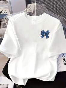 Camiseta Casual de Manga Corta con Cuello Redondo y Estampado de Lazo Azul para Primavera y Verano, Ropa de Mujer Y2k - Blanco - Ver 3