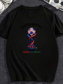 Heavyweight 220g 100% Cotton T-Shirt With US Flag And World Cup Trophy Design, Suitable For Girls And Women With Short Sleeve Round Neck, Inspirational Style, Cute Aesthetic And Y2K Style, Suitable For Everyday, Family, Work Casual Use. - 黑色 - 查看 1