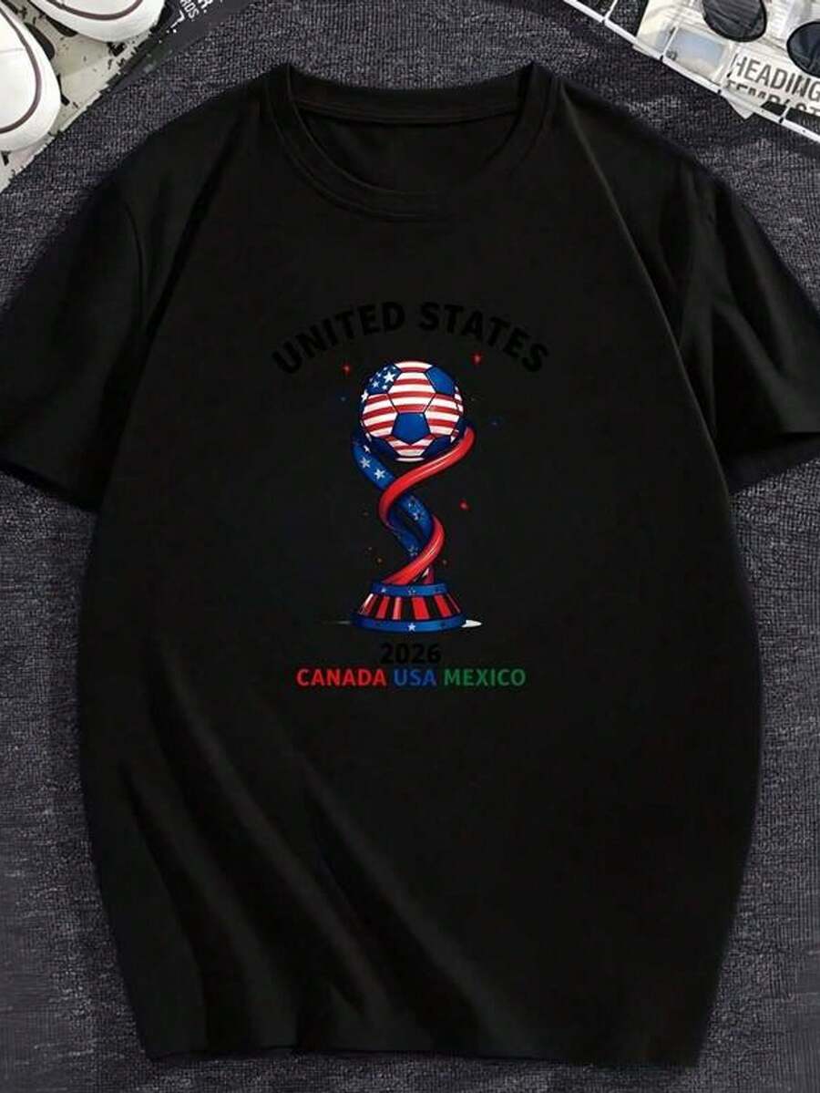 Heavyweight 220g 100% Cotton T-Shirt With US Flag And World Cup Trophy Design, Suitable For Girls And Women With Short Sleeve Round Neck, Inspirational Style, Cute Aesthetic And Y2K Style, Suitable For Everyday, Family, Work Casual Use. - 黑色 - 查看 1