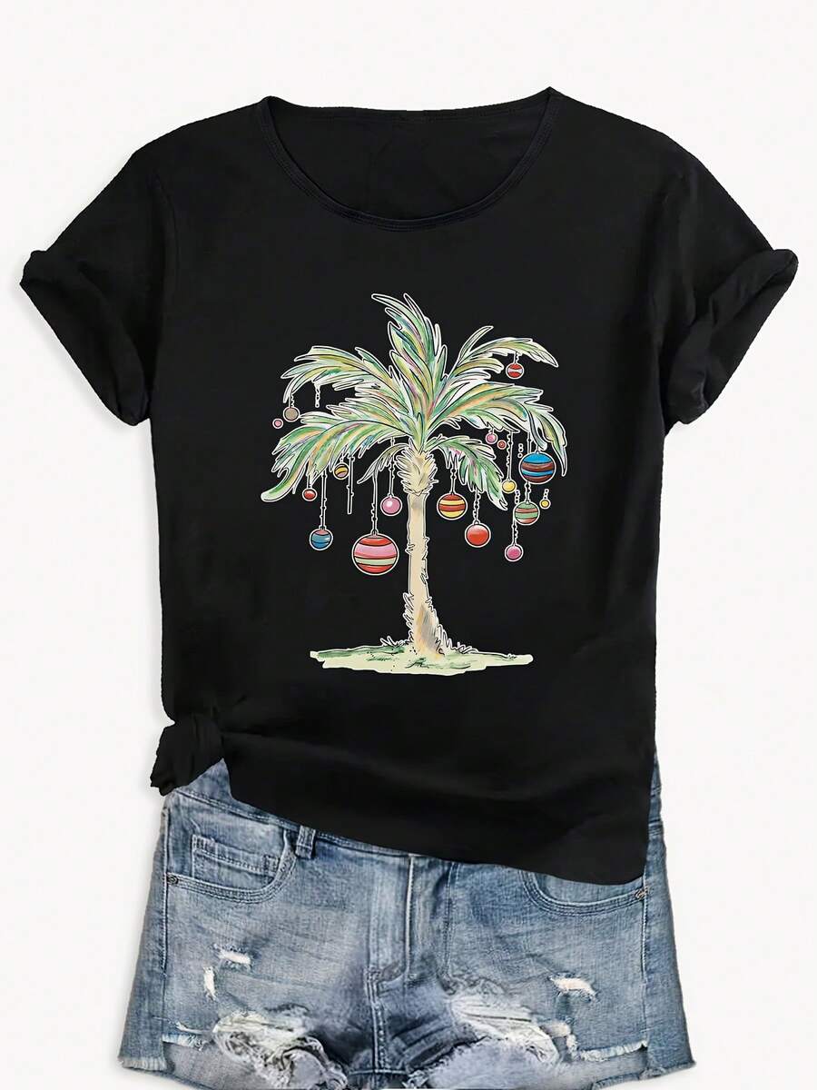 Women's Short-Sleeved Cotton T-Shirt, Christmas T-Shirt With Palm Print, Red, Loose, Casual, Summer, Festive Top For The Holidays. - 黑色 - 查看 1