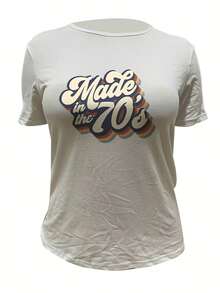 Women's Short-Sleeved Cotton T-Shirt, Casual T-Shirt, Short-Sleeved Round Neck T-Shirt With Artistic "70s" Letter Print For Women, With Medium Elasticity. - 白色 - 查看 3