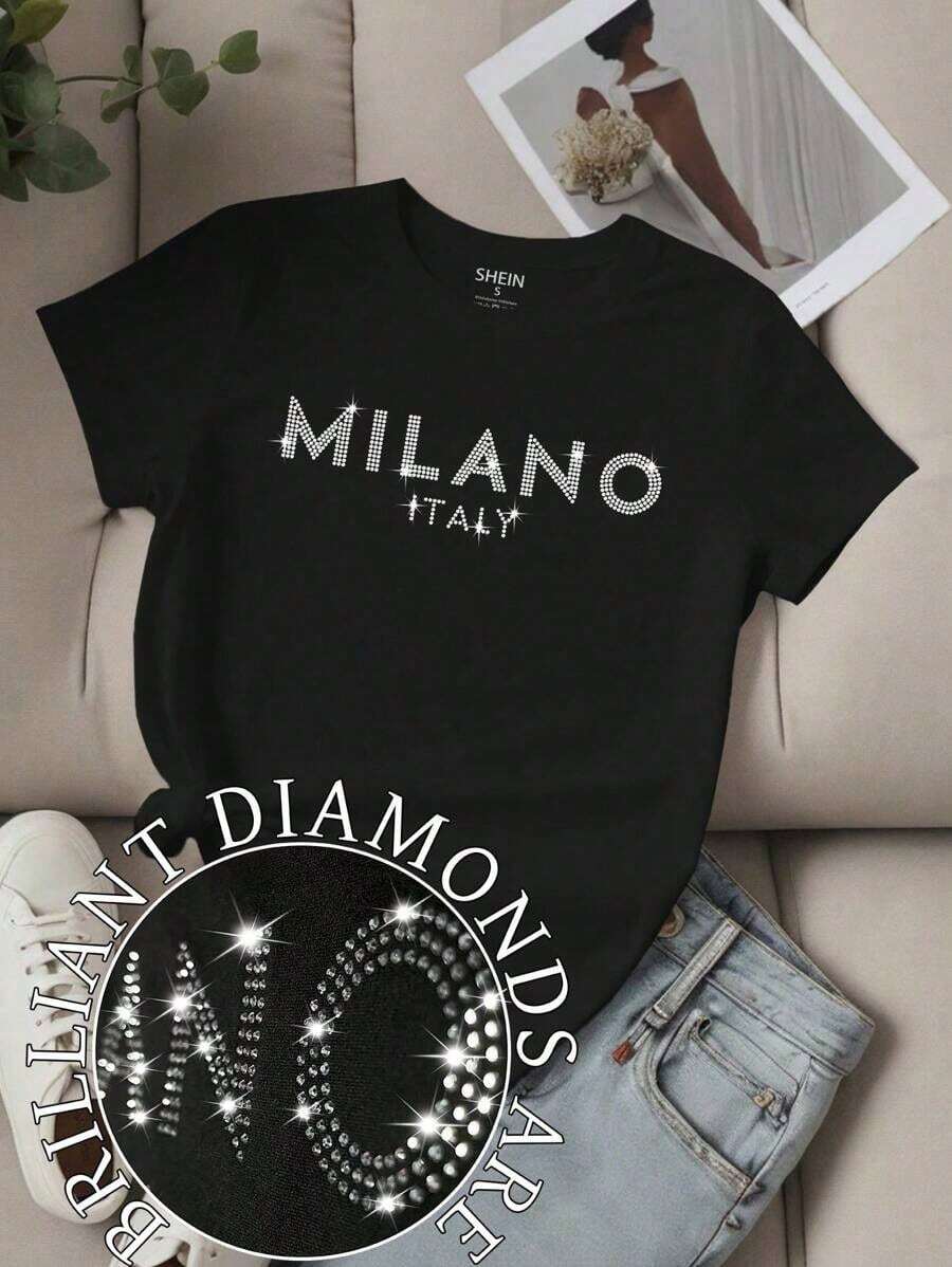 Unity Camiseta de manga corta para mujer con impresión de lema y gráfico "LOS ANGELES" - Negro - Ver 1