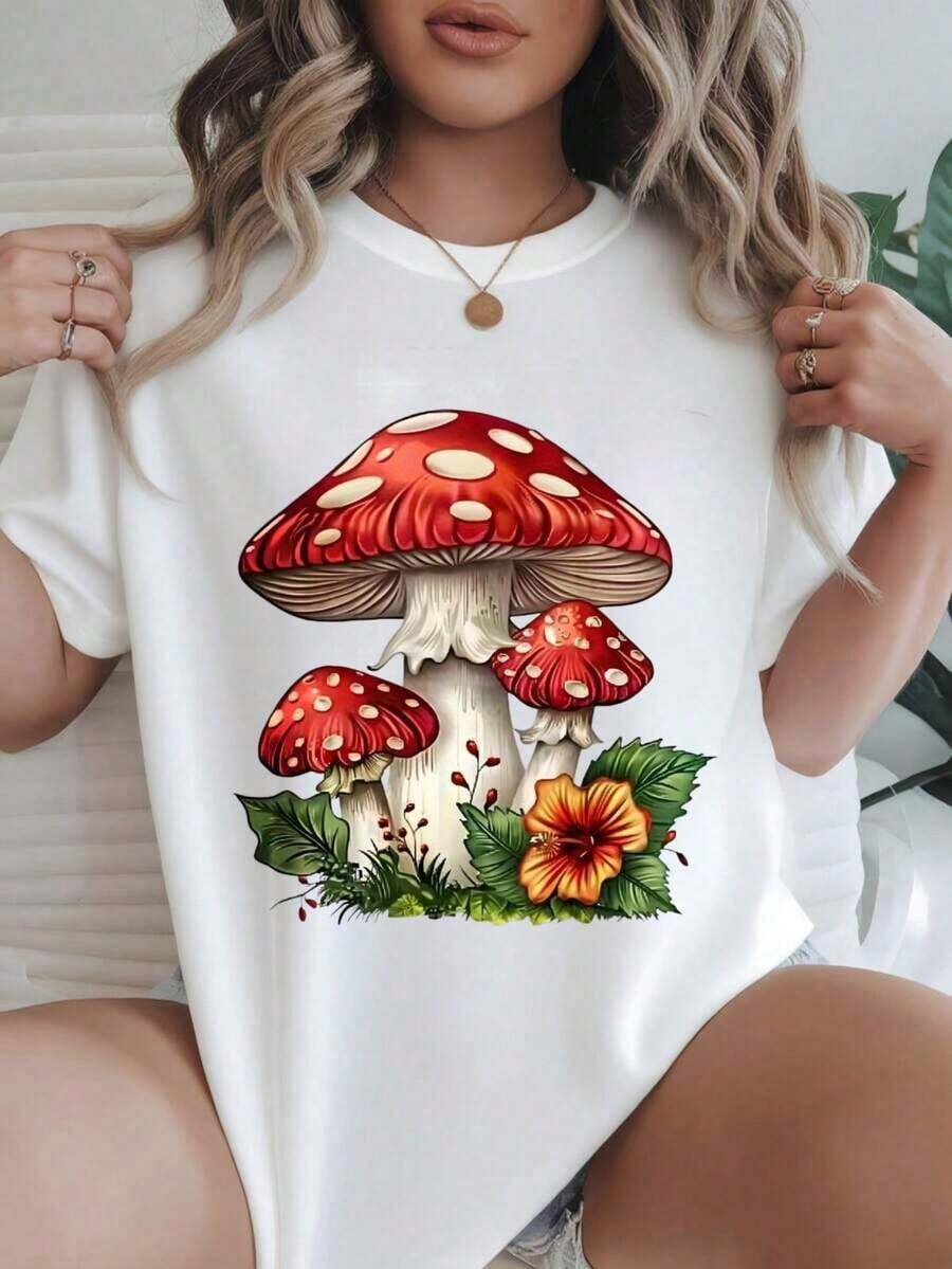 Camiseta Casual de Mujer con Estampado de Hongo Rojo con Manchas Blancas y Flor Naranja, Adecuada para Todas las Temporadas  
 -Blanco - Blanco - Ver 1