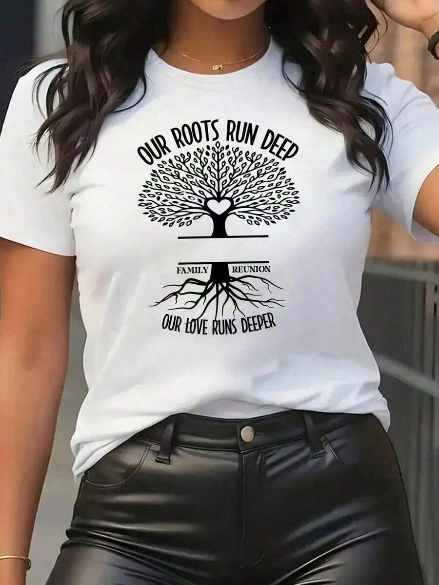Camiseta Casual de Manga Corta - Reunión Familiar, Nuestras Raíces Son Profundas - Camiseta Estampada para Mujer para Primavera y Verano, ¡Tu Mejor Opción! 100% Algodón, Duradera - Blanco - Ver 1