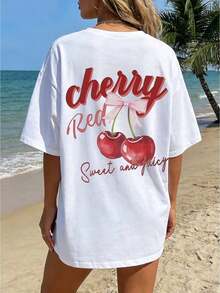 Women's Loose-Fitting T-Shirt With Cherry Print, Off-The-Shoulder Design, Short Sleeves, Round Neck, Urban Vintage Style, Unisex, Cotton, Short Sleeves, Round Neck, Women's Blouses, Women's T-Shirts, Casual Blouses For Ladies. - 白色 - 查看 1