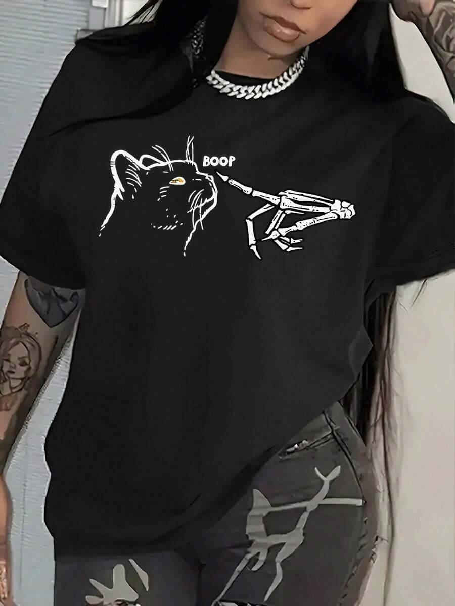 Camiseta Estampada a la Moda - Manga Corta para Mujer - Diseñada para el Verano - Negro - Ver 1
