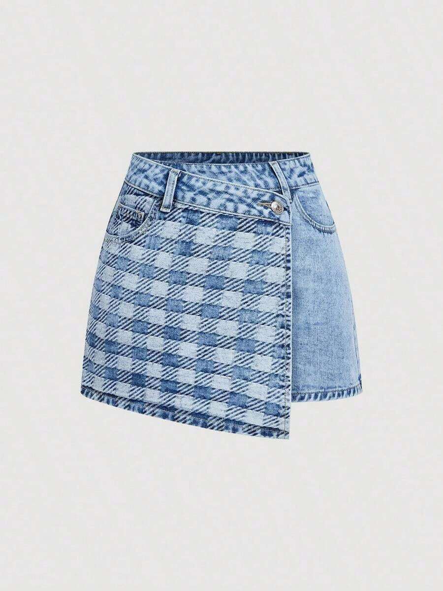 Minifalda vaquera casual y versátil para uso diario con bolsillos y decoración de botones para mujer - Azul - Ver 1