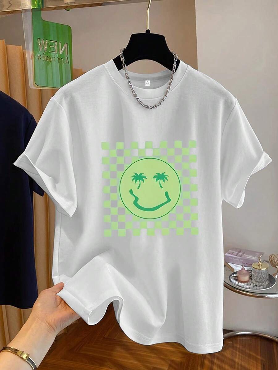 Women's 100% Cotton Soft T-Shirt, Retro 80s Green Pixel Art Design - Neon Face And Palm Tree Design, Soft, Breathable, Short Sleeve, Crew Neck, Casual Top, Hawaiian Beach Themed Outfit In Turquoise (Machine Washable) For Summer Parties And Casual Wear. Breathable Cotton T-Shirt, Goes With Everything. - 白色 - 查看 1