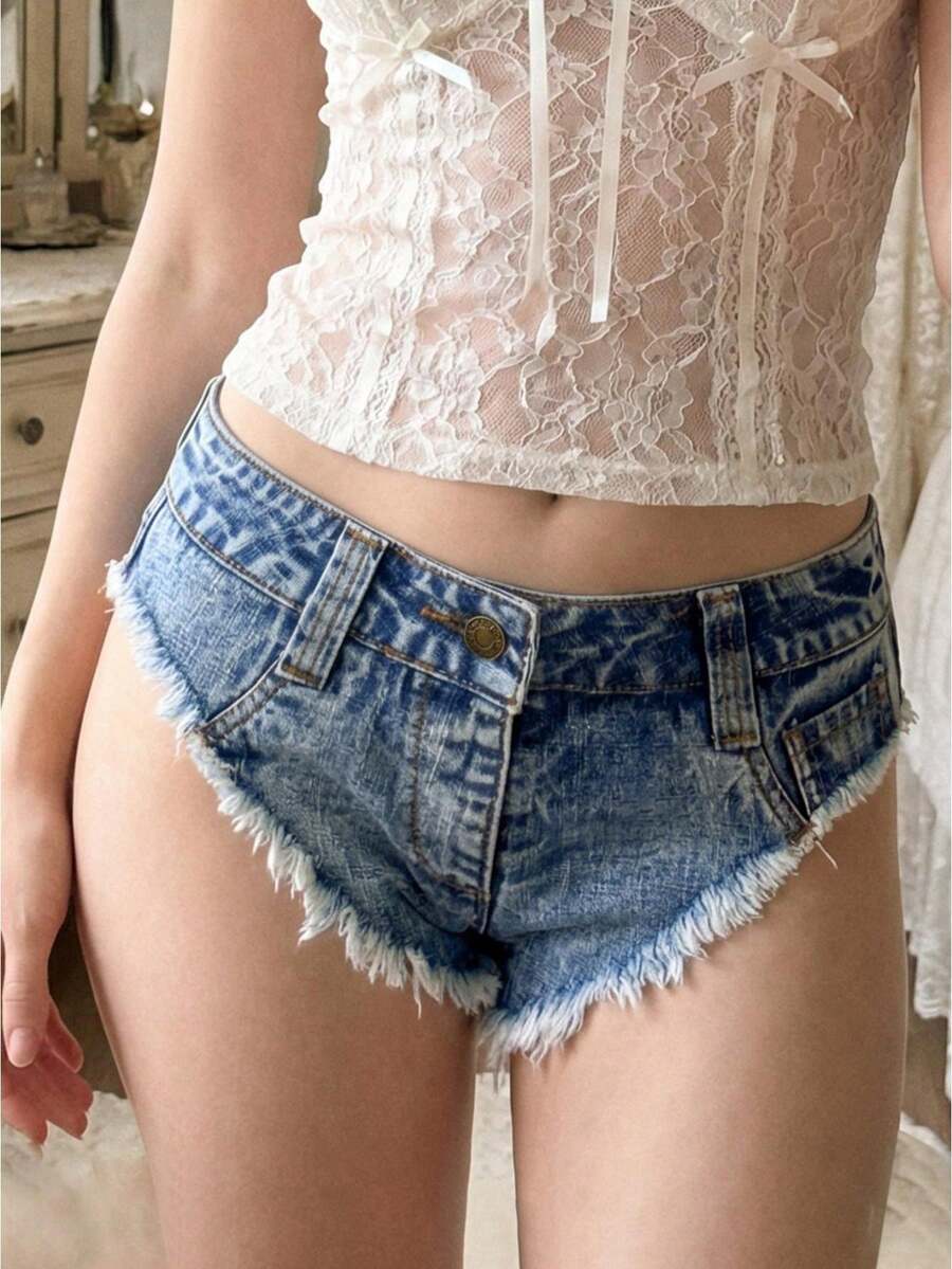 Women's Low Rise Denim Mini Shorts, Frayed Raw Hem Distressed Micro Jean Shorts For Rave Party,Beach Daily ,Everyday Wear - Blue - View 1