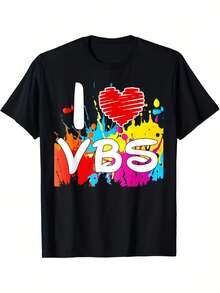Me Encanta Vbs 2025 Escuela Bíblica de Vacaciones Camiseta del Orgulloso Equipo Cristiano| Mismo estilo para hombres y mujeres, manga corta de verano, estampado, puro, 220G, estilo vintage, cuello redondo, corte regular, para todas las estaciones, diseño estampado. - Negro - Ver 1