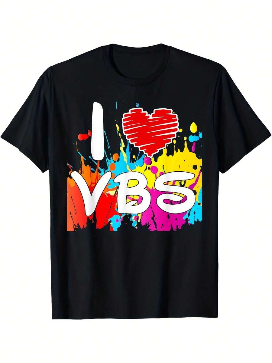 Me Encanta Vbs 2025 Escuela Bíblica de Vacaciones Camiseta del Orgulloso Equipo Cristiano| Mismo estilo para hombres y mujeres, manga corta de verano, estampado, puro, 220G, estilo vintage, cuello redondo, corte regular, para todas las estaciones, diseño estampado. - Negro - Ver 1