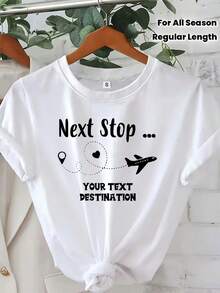 Camiseta de Viaje Personalizada |   Camiseta de algodón cómoda de cuello redondo, para todas las estaciones, con estampado de letras del alfabeto, de longitud regular. - Blanco - Ver 2