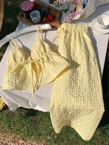 Conjunto casual de 2 piezas de mujer con rayas tejidas, para primavera/verano - Amarillo 2 - Ver 4
