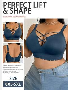 Plus Size Women's Solid Color Wireless Bra, Breathable Non-Slip Lift And Support, Seamless Everyday Wear - Navy Blue - View 2