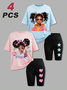 4pcs/Set Teen Girl Fashion Street Style Cartoon Girls Print T-Shirt & Tight-Fitting Printed  Shorts 2 Pieces Outfits, Suitable For Casual Outings - 彩色 - 查看 1