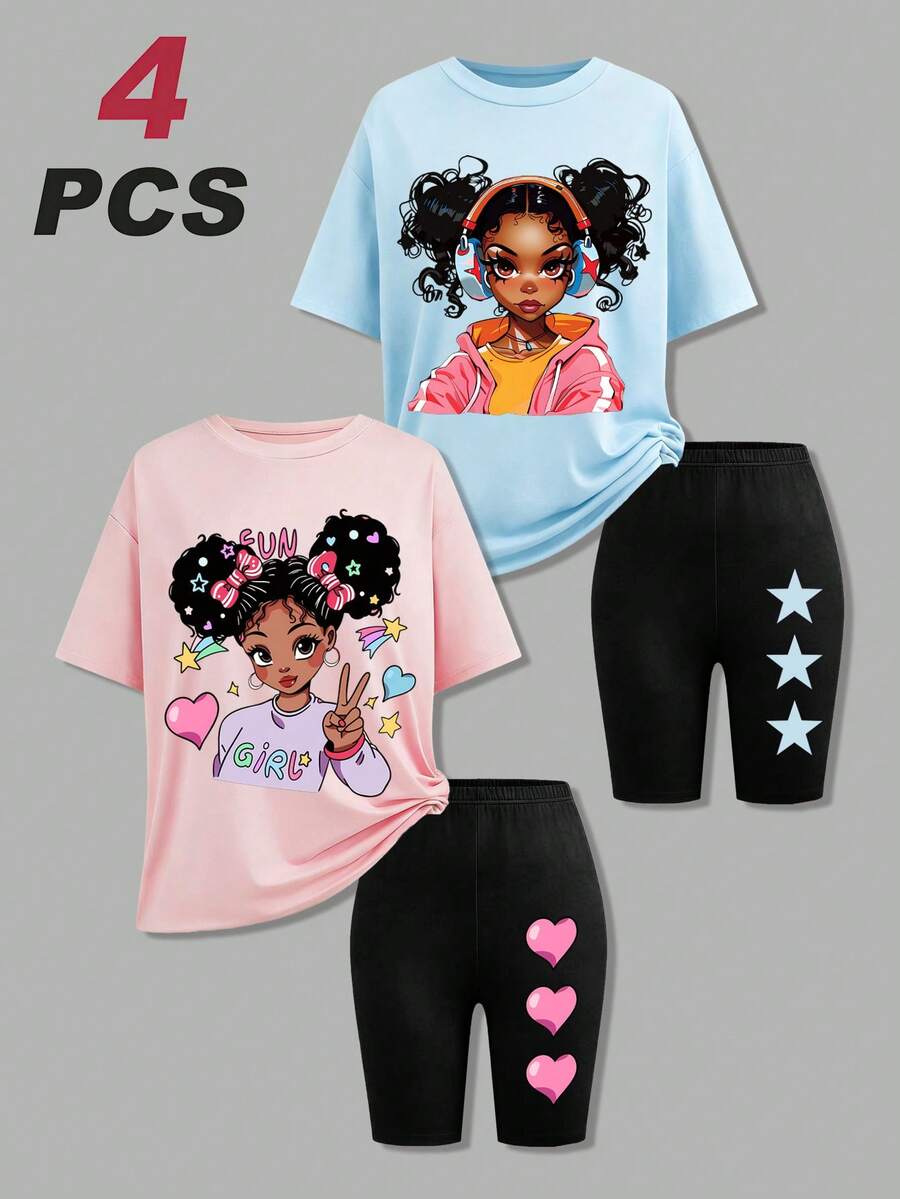 4pcs/Set Teen Girl Fashion Street Style Cartoon Girls Print T-Shirt & Tight-Fitting Printed Shorts 2 Pieces Outfits, Suitable For Casual Outings - 彩色 - 查看 1