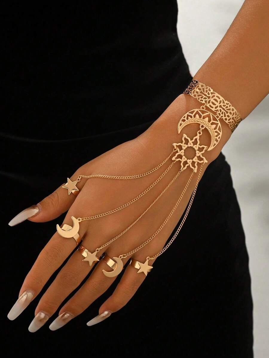 1 buah Gelang Jari Rantai Berongga Gaya Gotik, Gelang Jari Rantai Berongga Gaya Timur Tengah yang Dipersonalisasi dengan Motif Bulan Sabit, Bintang, dan Rumbai Gaya Gotik. - Yellow Gold - View 1