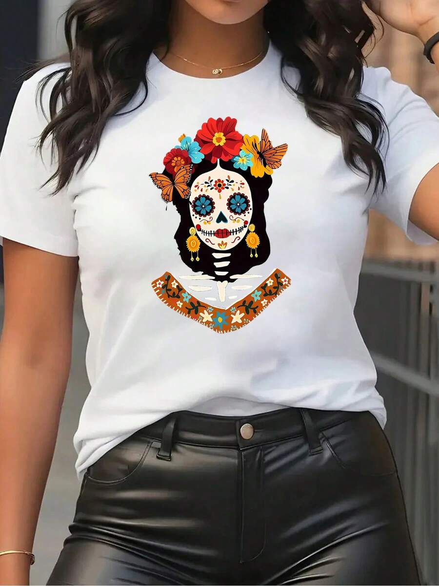 Versatile Women's T-Shirt With A Day Of The Dead Catrina Print, Short Sleeves And Round Neck, In Red, With Colorful Catrina Skulls, Flowers, Butterflies And Traditional Patterns, Perfect For Casual Wear And Cultural Celebrations. - 白色 - 查看 1