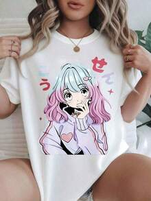 Under The Radar Casual T-Shirt With Anime Print Of A Girl With Pink Hair And Heart Details, Suitable For All Seasons

-White 100% Cotton Suitable For Versatile Casual Wear In Spring, Summer And Autumn-Vintage Street Style Unisex Loose Cotton Short Sleeve Crew Neck T-Shirt - 白色 - 查看 6
