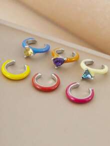 6 piezas de clips de oreja de arcoíris de esmalte colorido, sin perforación, con strass, aretes de estilo hip-hop, joyería versátil para uso diario, regalo para niñas - Multicolor - Ver 4