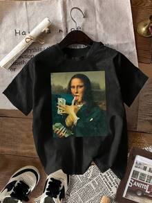 Funny T-Shirt With The Mona Lisa In A Money Pose - Short Sleeve T-Shirt With Artistic Parody Design, Featuring The Iconic Hand Gesture With Dollar Bill, Casual Black Urban Style T-Shirt For Parties, Casual Outfits And Pop Culture Clothing (Hand Washable) Y2k T-Shirt Shirt - 黑色 - 查看 10