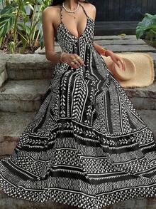 Vestido maxi con escote en V profundo, cuello halter, espalda descubierta y cintura con lazo, con lunares negros, estilo sexy y elegante europeo y americano, adecuado para primavera/verano y vacaciones en la playa - Multicolor 5 - Ver 12