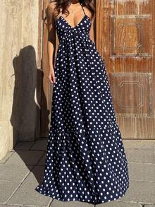 Pink Digital Print Fitted Waist Vacation Style Deep V-Neck Halter Backless Tie Dress - 多色 6 - 查看 3
