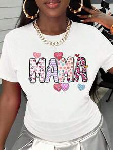 1 Piece Women's Mama T-Shirt With Cute Heart Print, Graphic Tee, Mother's Day Gift, Fashionable Casual Top For Mom, White, The Prints Are Fully Printed. Unisex. - 白色 - 查看 2