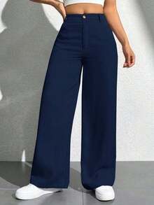 Pantalones casuales simples de unicolor para mujer para usar todos los días - Azul marino - Ver 4