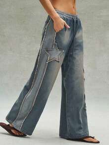 Jeans de pierna ancha de uso diario versátil con cintura con cordón y parche de estrella de cinco puntas para mujer - Azul lavado medio - Ver 7