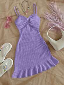 Vestido mini ajustado con cintura ceñida, bajo con volantes y giro asimétrico en el pecho, tejido en rojo, adecuado para vacaciones, citas, té de la tarde, vacaciones, festivales de música, estilo bohemio - Morado - Ver 6