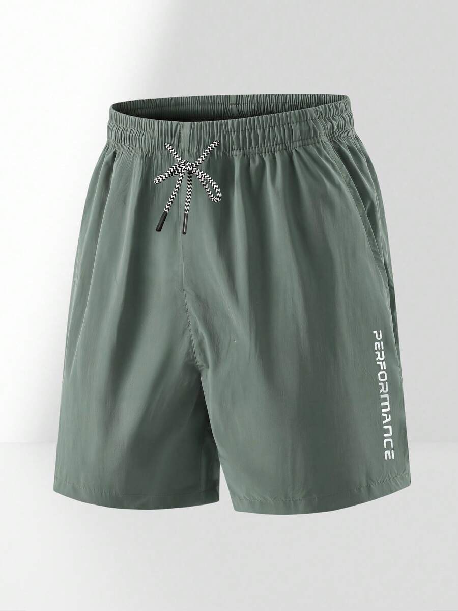Men's Summer Breathable Sports Drawstring Fitness Running 3/4 Shorts With Pockets And Reflective Print For Daily Wear - Green - View 1