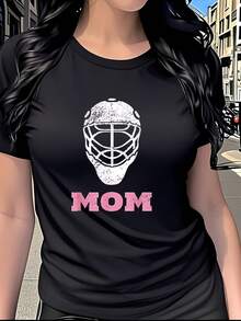 Camiseta con estampado de casco de portero de hockey sobre hielo, manga corta, cuello redondo, ropa de mujer, estilo deportivo retro único, adecuada para uso diario casual en casa o fuera, regalo del Día de la Madre para mamá, camiseta de algodón puro con estampado para mujer. - Negro - Ver 7