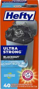 Hefty Ultra Strong 13 Gallon Trash Bags, Black Tall Kitchen Trash Bags 13 Gallon Size, Break Resistant Drawstring Enclosure, Continuous Odor Control, Blackout, Clean Burst Scent, 40 Bags - ColorA - 查看 1