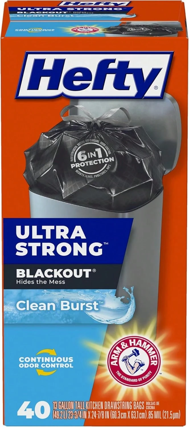 Hefty Ultra Strong 13 Gallon Trash Bags, Black Tall Kitchen Trash Bags 13 Gallon Size, Break Resistant Drawstring Enclosure, Continuous Odor Control, Blackout, Clean Burst Scent, 40 Bags - ColorA - 查看 1