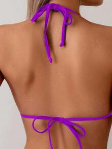 Swim Vcay - Conjunto de Bikini Triangular Sexy con Ribete de Encaje para Mujer, 2 Piezas, Conjunto de Bikini Halter con Tiras Simples para Vacaciones de Verano en la Playa - Morado - Ver 4