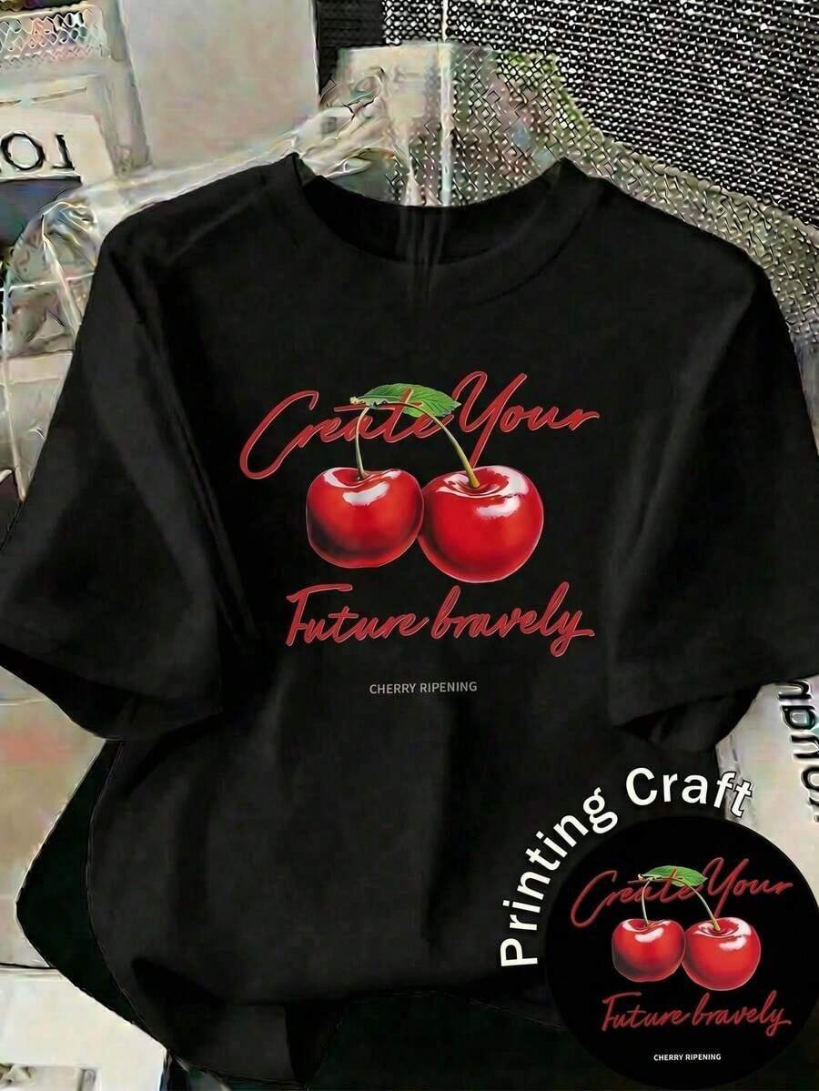 Camiseta casual de mujer con estampado de cerezas blancas, cuello redondo, manga corta y corte regular, perfecta para un uso diario elegante en otoño. - Negro - Ver 1