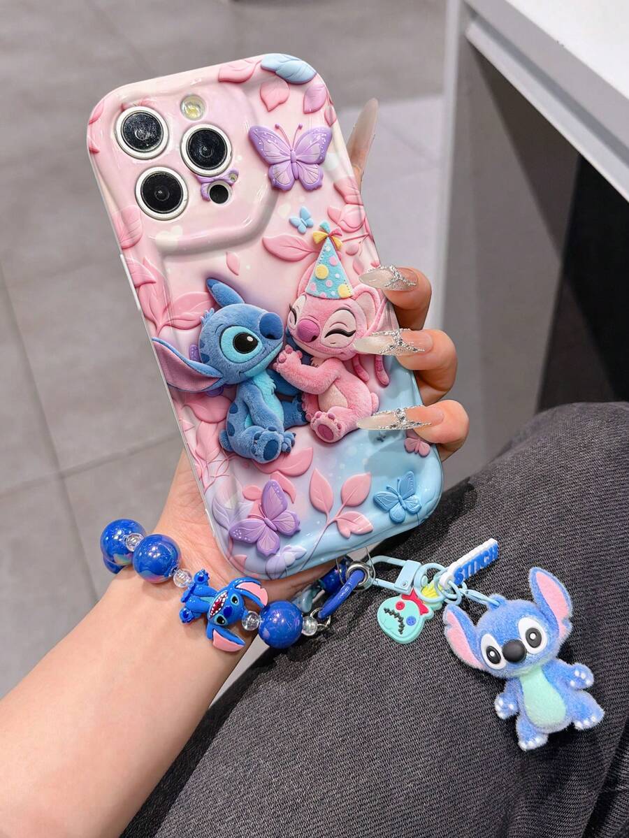 Disney Has Authorized, Phone Case - Chain Set, The Stitch Lilo & Stitch 3D Phone Case Plus A Silicone 3D Stitch Bracelet With Metallic Ring Removable Bracelet, Stitch And Angel Pattern, Compatible With Iphone17/16/15/14/13/12/11/XS/XR/X Plus Pro Max, A Stylish Cartoon Phone Case, The Perfect Gift Choice, Phone Protection, Durable Phone Cover, Great Gift For Friends And Family. - 白色 - 查看 1