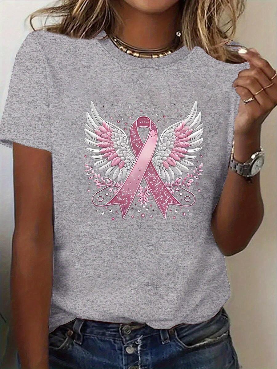 Plus Size - Women's Crew Neck T-Shirt With Pink Ribbon And Wings Print - 灰色 - 查看 1